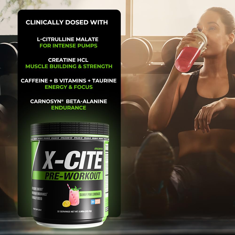 X-CITE Pre-Workout by ATHLEAN-X - Enhanced Formula with Beta-Alanine, Creatine & Caffeine for Ultimate Energy, Endurance, Focus & Muscle Pump, NSF Certified for Sports (Cherry Lemon Ice)