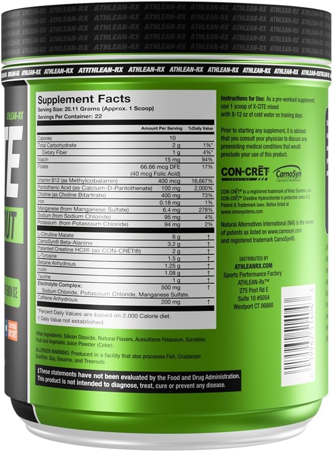 X-CITE Pre-Workout by ATHLEAN-X - Enhanced Formula with Beta-Alanine, Creatine & Caffeine for Ultimate Energy, Endurance, Focus & Muscle Pump, NSF Certified for Sports (Cherry Lemon Ice)