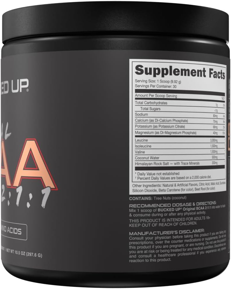 Bucked Up Original BCAA 2:1:1 Branched Chain Essential Amino Acids - Supplement Powder - | 100% Pure 2:1:1 Instantized Formula | Pre/Post Workout | 30 Servings | (Peach Ring Flavor)