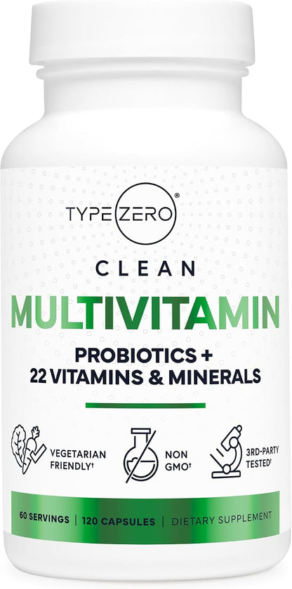 Type Zero Multivitamin Capsules (1,300mg) 120 Capsules, Vegetarian Friendly | With Probiotics + 22 Vitamins and Minerals, GMO-Free