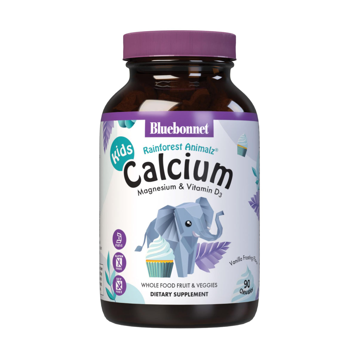 BlueBonnet Super Earth Rainforest Animalz Calcium Magnesium And Vitamin D3 Chews, Natural Vanilla Frosting, White, 90 Count