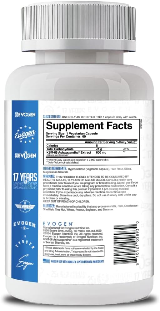 Evogen KSM-66 Ashwagandha 600mg | 60 Capsules | Clinically studied adaptogen for stress relief, restful sleep, focus, mood balance and recovery