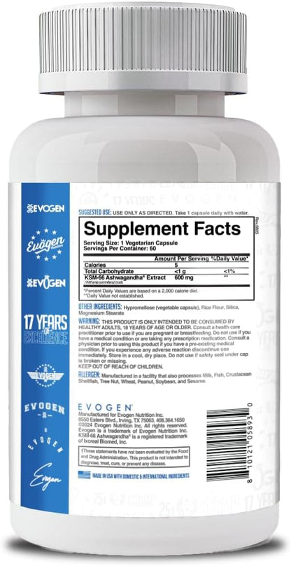 Evogen KSM-66 Ashwagandha 600mg | 60 Capsules | Clinically studied adaptogen for stress relief, restful sleep, focus, mood balance and recovery
