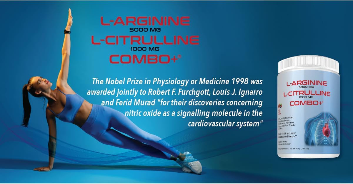 L-Arginine 5000mg & L-Citrulline 1000mg Combo+® - Mixed Berry, 30 Servings, 390g Nitric Oxide Booster Drink Mix Powder - CoQ10 & Organic Beet Root - High Potency Heart & Circulation Support USA