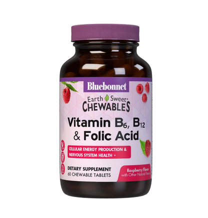 Bluebonnet Nutrition Earth Sweet Vitamin B6, B12, Plus Folic Acid Chewable Tablets, Vegan, Vegetarian, Gluten Free, Soy Free, Milk Free, Kosher, 60 Chewable Tablets, Raspberry Flavor
