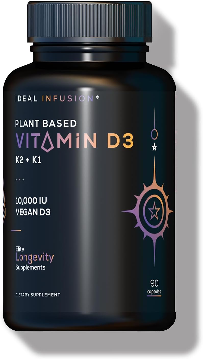 Ideal Infusion High Potency Vegan Vitamin D - 10000 IU - Plant Based from Lichen - Natural D3 K2 K1 Supplement for Immune System, Arterial Health, Bone Support - Coconut MCT - 3 Month Supply