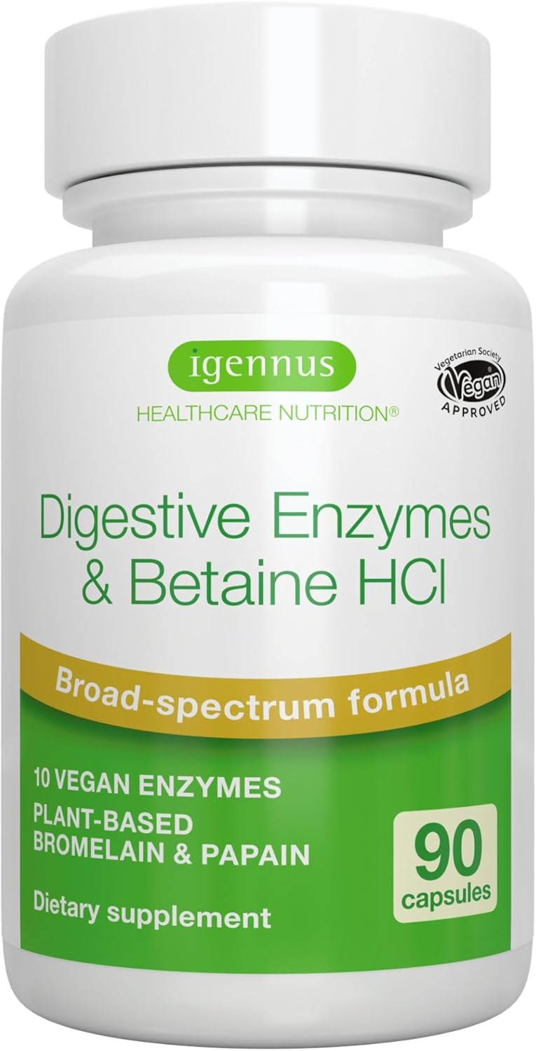 Igennus Fast Action Digestive Enzymes & Betaine HCl, 10 Broad Spectrum Enzymes with Protease, Lipase & Lactase, Papain & Bromelain, Plant-Based Vegan, Clean Label, for Women and Men, 90 Capsules