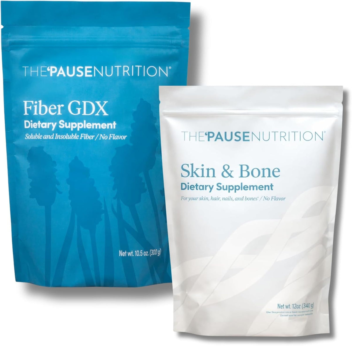 The 'Pause Life Fiber GDX + Skin & Bone Bundle, Fiber & Collagen Powders | Chia, psyllium & ancient grain fiber blend paired with Verisol & Fortibone collagen peptides & hyaluronic acid. Gluten free.