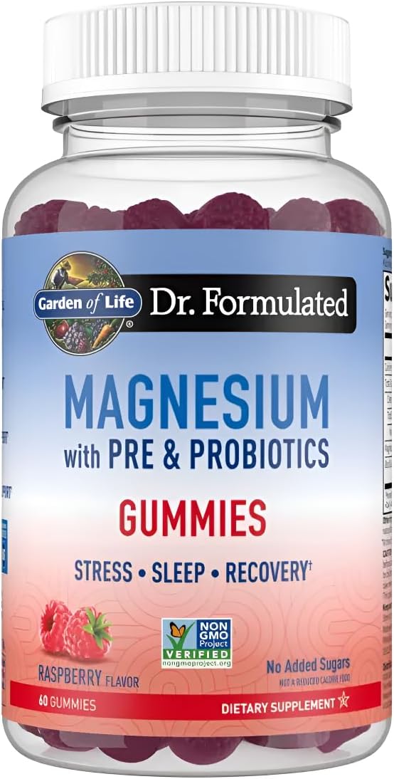 Garden of Life Magnesium Citrate Supplement Gummies with Prebiotics & Probiotics for Stress, Sleep & Recovery - Vegan, Gluten Free, Kosher, Non-GMO, No Added Sugars, Raspberry Flavor, 60 Count