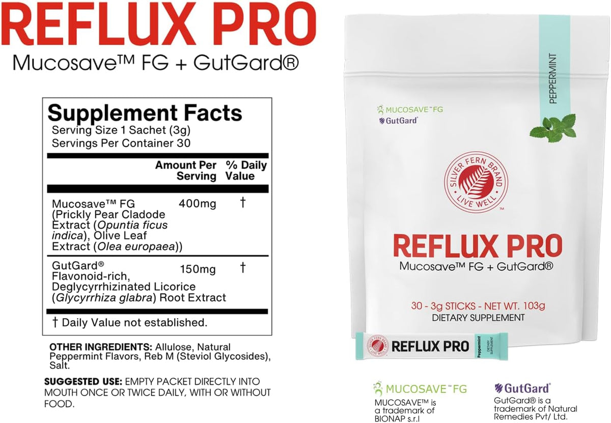 Silver Fern Reflux Pro (Pack 1) | Powder Sticks Opuntia ficus indica & Glycyrrhiza glabra Mucosave & GutGard 30ct Peppermint For Daily Stomach Comfort