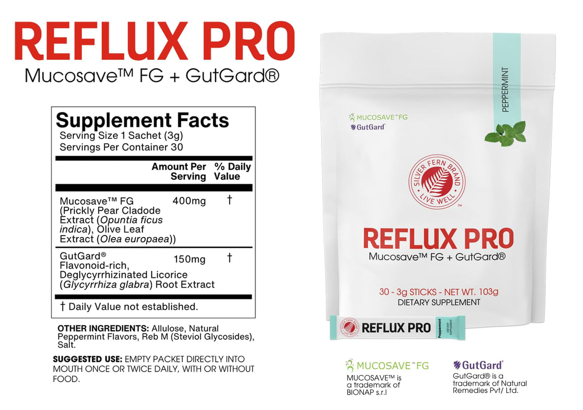 Silver Fern Reflux Pro (Pack 1) | Powder Sticks Opuntia ficus indica & Glycyrrhiza glabra Mucosave & GutGard 30ct Peppermint For Daily Stomach Comfort