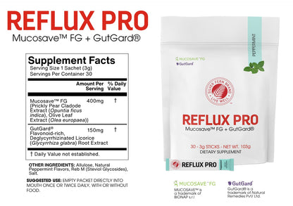 Silver Fern Reflux Pro (Pack 1) | Powder Sticks Opuntia ficus indica & Glycyrrhiza glabra Mucosave & GutGard 30ct Peppermint For Daily Stomach Comfort