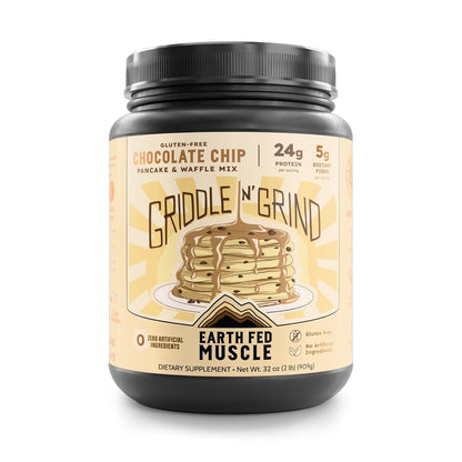 Earth Fed Muscle Griddle N' Grind Chocolate Chip Protein Pancake Mix & Waffle Mix – Protein Pancakes Gluten Free, High Protein & Fiber, Just Add Water – 2lbs, 13 Servings