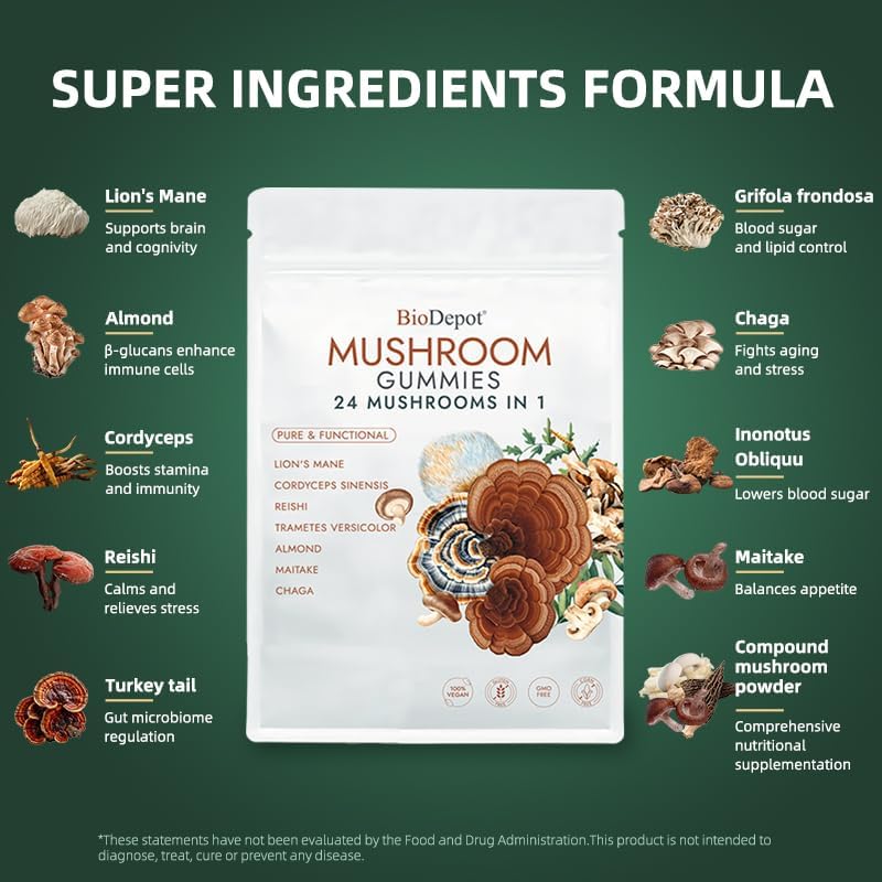24 in 1 Mushroom Brain Supplement Gummies for Boost Focus & Immune System, Memory & Energy Support, Coffee Alternative, Lions Mane Gummie for Kids and Adults, 60 Gummies