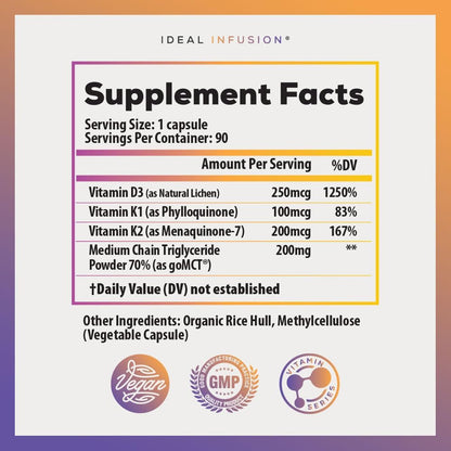 Ideal Infusion High Potency Vegan Vitamin D - 10000 IU - Plant Based from Lichen - Natural D3 K2 K1 Supplement for Immune System, Arterial Health, Bone Support - Coconut MCT - 3 Month Supply