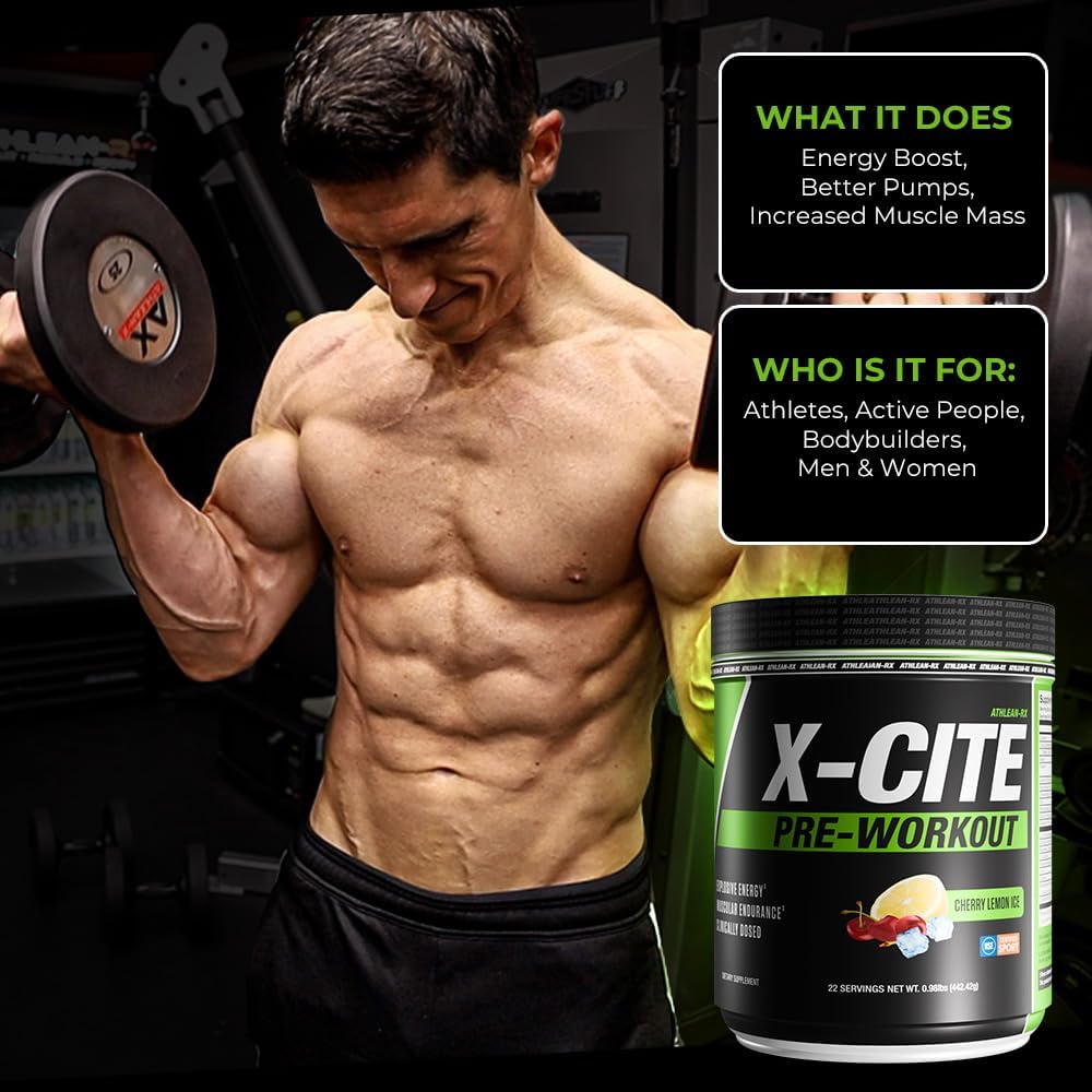 X-CITE Pre-Workout by ATHLEAN-X - Enhanced Formula with Beta-Alanine, Creatine & Caffeine for Ultimate Energy, Endurance, Focus & Muscle Pump, NSF Certified for Sports (Cherry Lemon Ice)