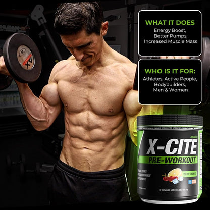 X-CITE Pre-Workout by ATHLEAN-X - Enhanced Formula with Beta-Alanine, Creatine & Caffeine for Ultimate Energy, Endurance, Focus & Muscle Pump, NSF Certified for Sports (Cherry Lemon Ice)