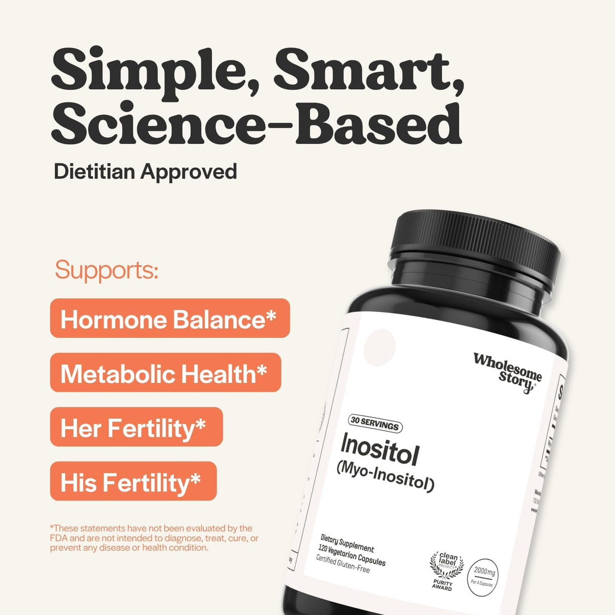 Wholesome Story Myo-Inositol Supplement | Inositol Powder Capsules | Myoinositol | 2000mg Per Serving | 500mg Per Capsule | Male and Female Fertility Supplement | Vitamin B8 | 120 Capsules