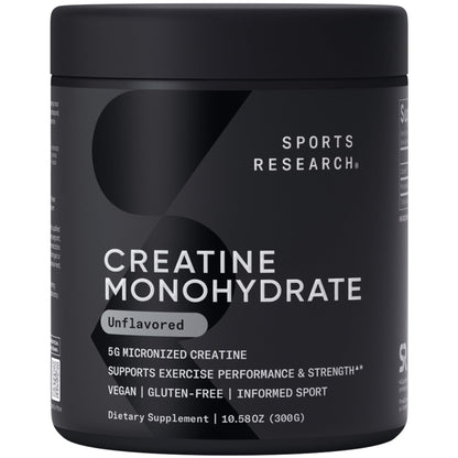 Sports Research Creatine Monohydrate - Gain Lean Muscle, Improve Performance and Strength and Support Workout Recovery - 5 g Micronized Creatine - 10.58 oz