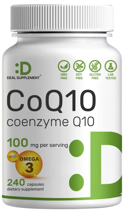 DEAL SUPPLEMENT CoQ10 100mg with Omega 3 100mg, 240 Capsules | Bioavailable Coenzyme Q10 Formula | Non-GMO