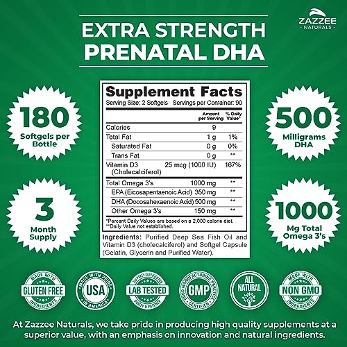 Zazzee Extra Strength Prenatal DHA 500 mg, 180 Enteric Coated Softgels, 1000 mg Omega 3’s