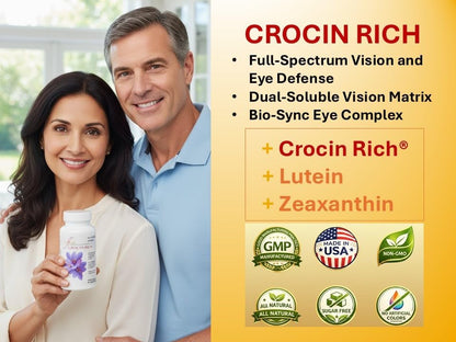 Eye Health Supplement for Vision, Macular & Eye Pressure | Crocin Rich 60CT | 75% High-Purity Crocin; Saffron's Key Bioactive; Standardized Formula; Lutein & Zeaxanthin; Visual Acuity; Retinal Health