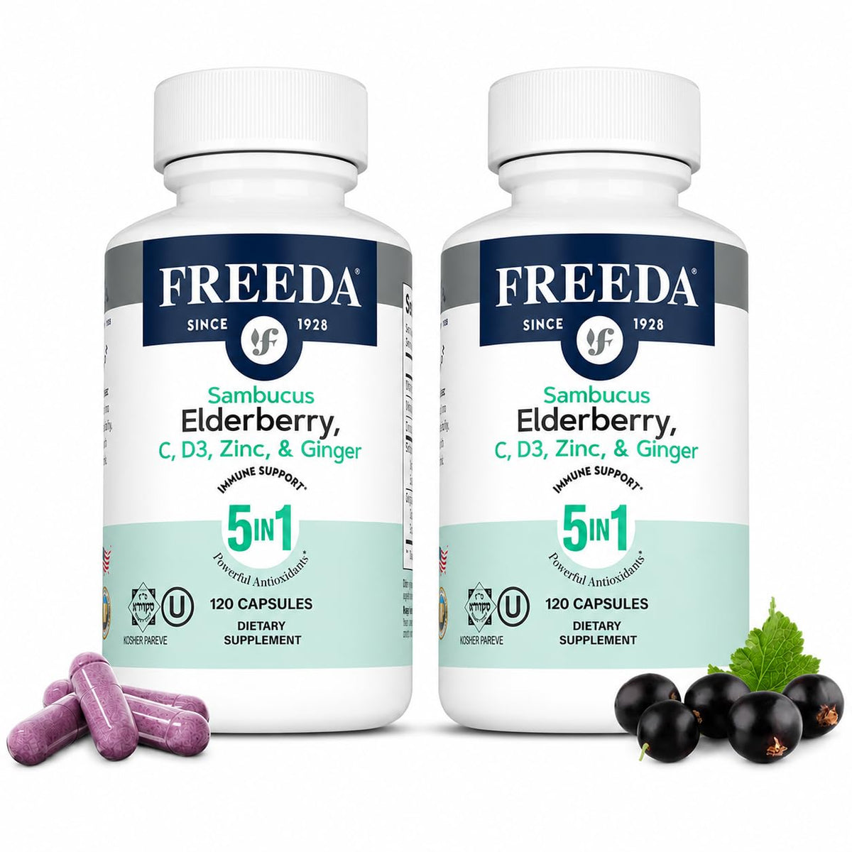 FREEDA Sambucus Elderberry Capsules - 5-in-1 Immune Support - 120 Count | Herbal Antioxidant Supplement with Vitamin C, Zinc, Vitamin D3 & Ginger for Adults - Gluten-Free - Made In USA