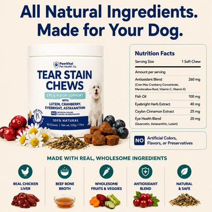 Tear Stain Chews for Dogs – Natural Tear Stain Remover & Eye Health Supplement with Cranberry, Lutein & Eyebright – Reduces Tear Stains, Supports Vision & Promotes Clear Eyes – 90 Soft Chews