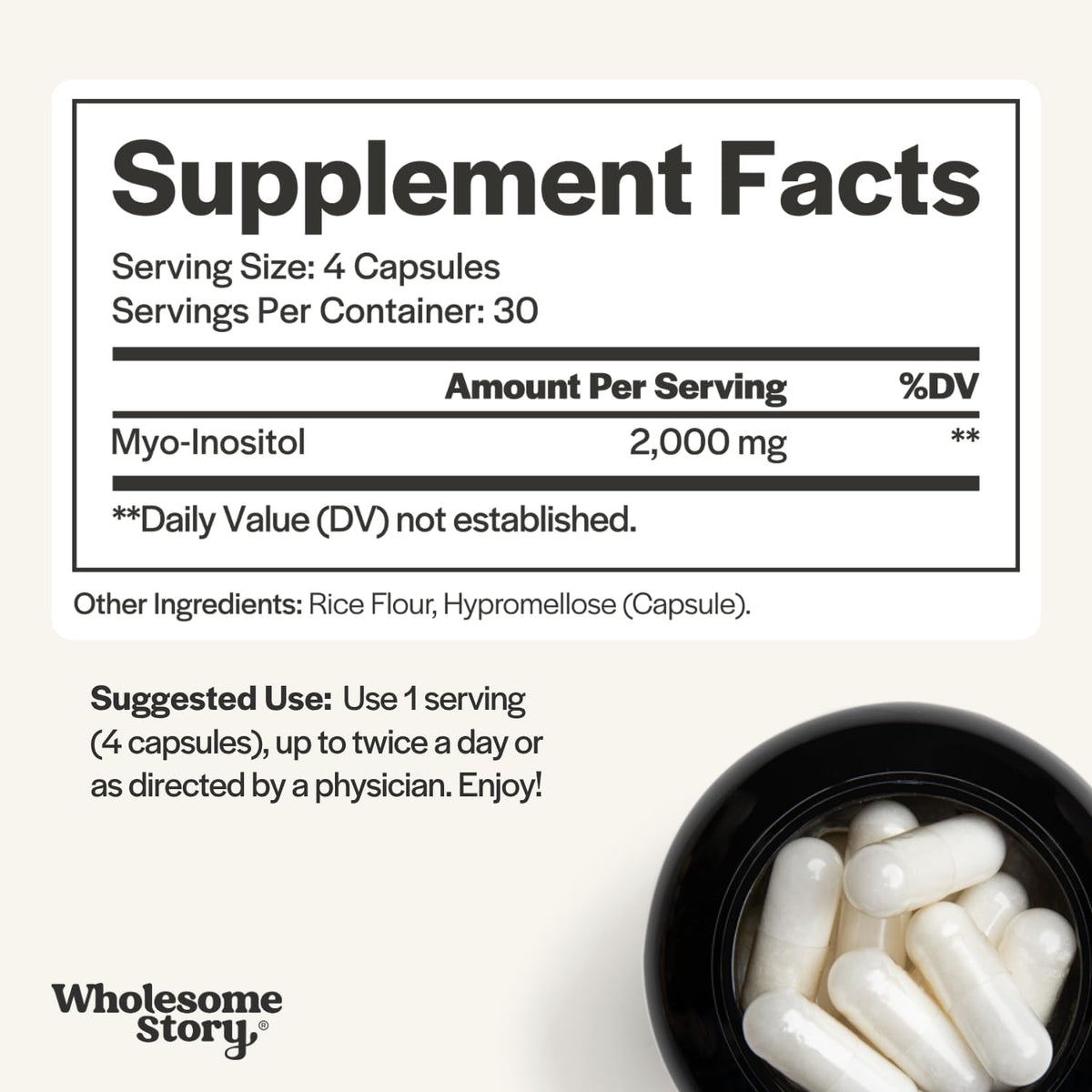 Wholesome Story Myo-Inositol Supplement | Inositol Powder Capsules | Myoinositol | 2000mg Per Serving | 500mg Per Capsule | Male and Female Fertility Supplement | Vitamin B8 | 120 Capsules