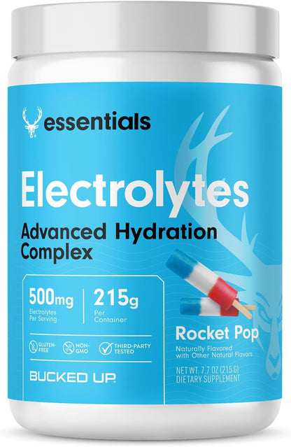 Bucked Up Essentials Electrolytes Rocket Pop | Advanced Hydration Complex with 500 mg Electrolytes Per Serving | Gluten Free Non GMO Third Party Tested Drink Mix | 230g (50 Servings)