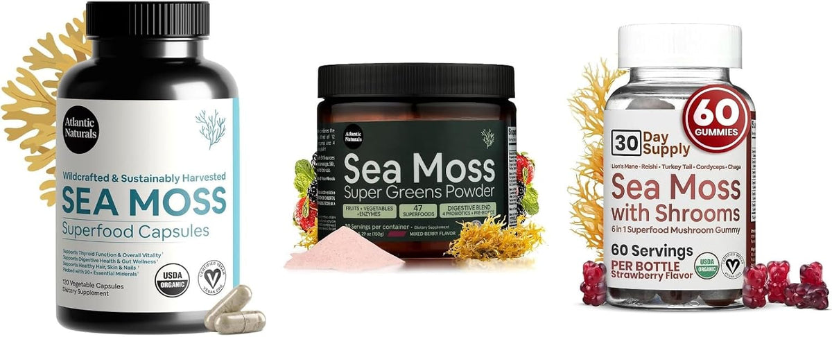 Atlantic Naturals Total Wellness Trio – Organic Irish Sea Moss Capsules 120ct + Sea Moss Super Greens Powder + Sea Moss Gummies with Lion's Mane | Complete Daily Wellness Routine