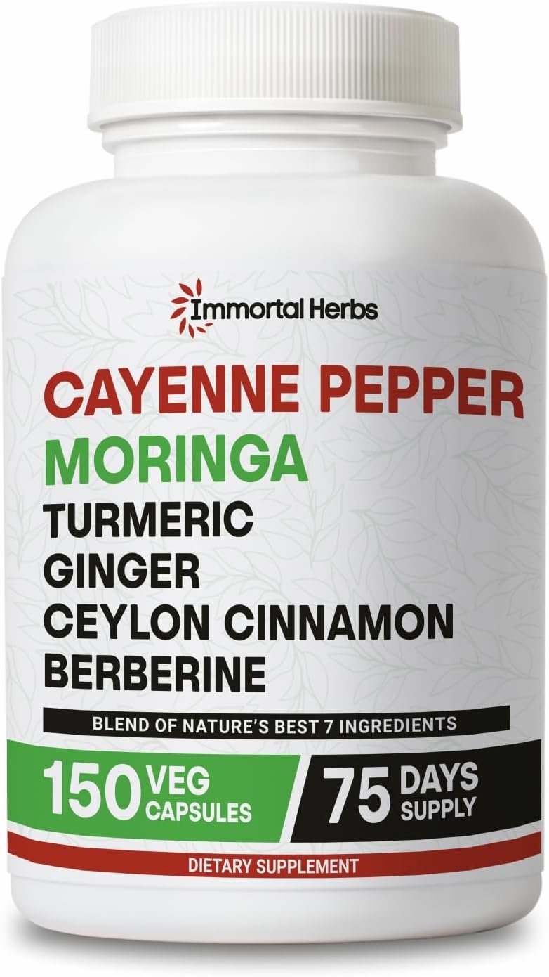 Cayenne Pepper Moringa Turmeric Ginger Capsules, 150 Pills, Extra Strength, Non-GMO & Gluten Free, Pure Berberine HCL and Ceylon Cinnamon Extract Powder
