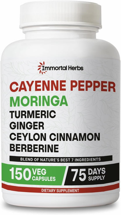 Cayenne Pepper Moringa Turmeric Ginger Capsules, 150 Pills, Extra Strength, Non-GMO & Gluten Free, Pure Berberine HCL and Ceylon Cinnamon Extract Powder
