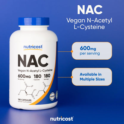 Nutricost N-Acetyl L-Cysteine (NAC) 600mg, 180 Capsules - Non-GMO, Gluten Free