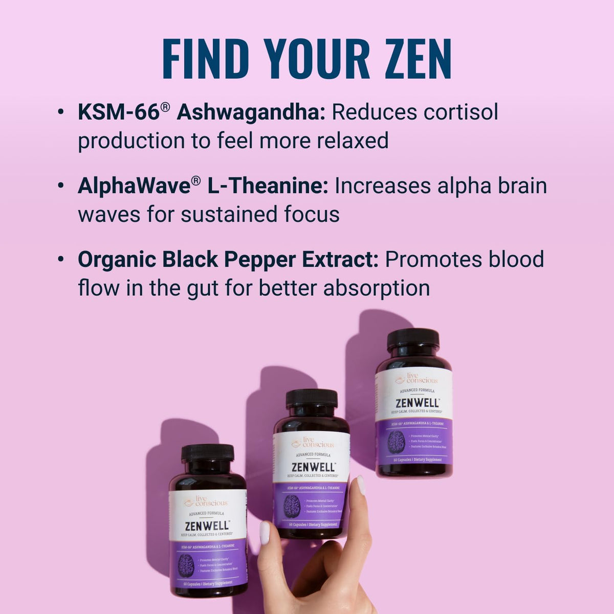 Live Conscious KSM-66 Ashwagandha Supplement w/L Theanine & AlphaWave - ZenWell Everyday Stress Relief, Cognitive, Brain Health - Ashwagandha for Men & Women - 60 Capsules