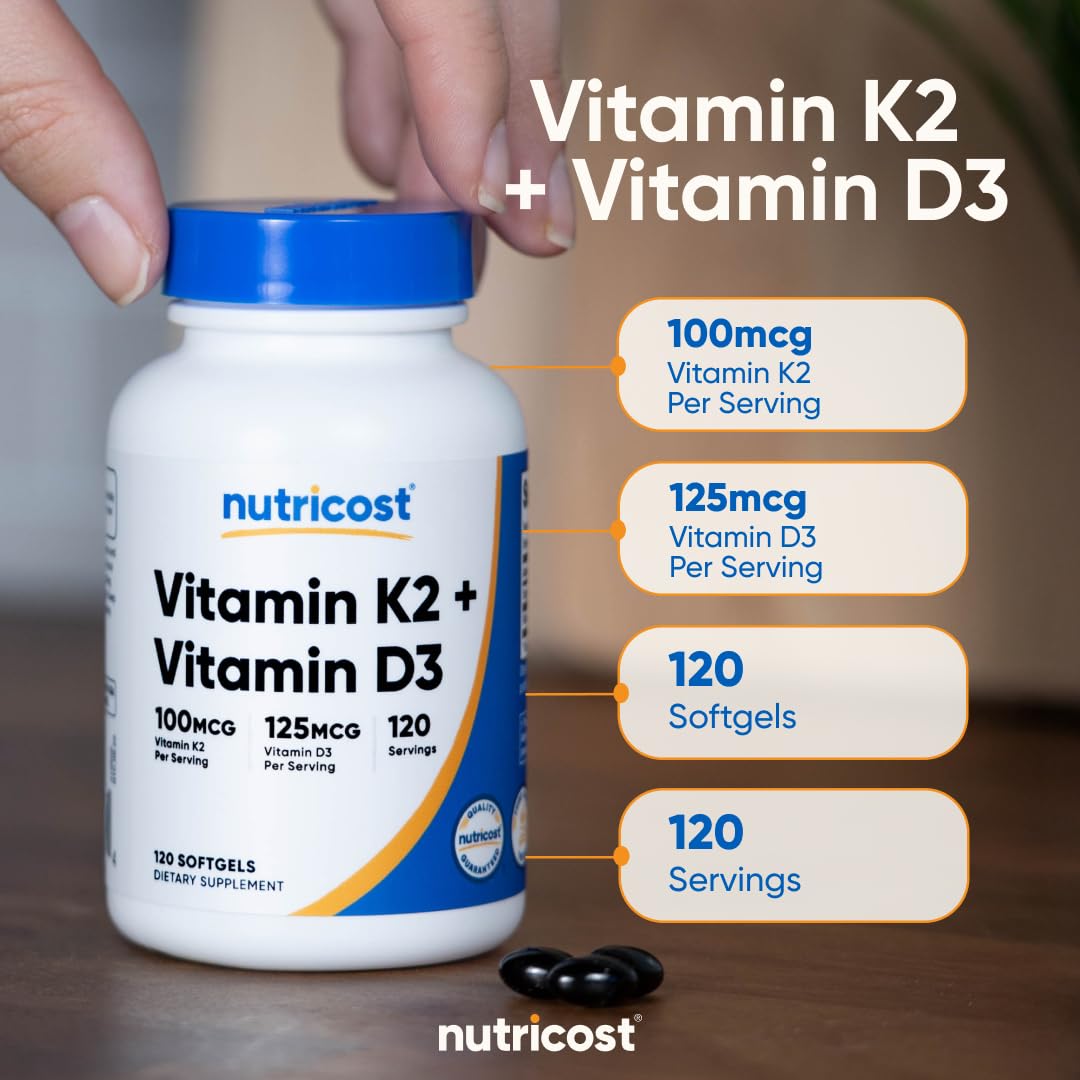 Nutricost Vitamin D3 + K2 (5000 IU D3 / 100mcg MK7), 120 Softgels – Gluten-Free & Non-GMO