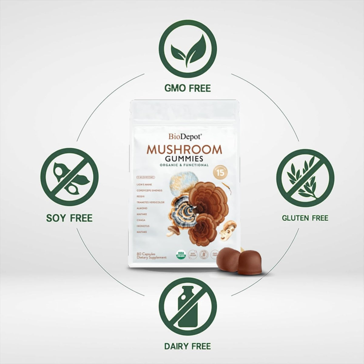 24 in 1 Mushroom Brain Supplement Gummies for Boost Focus & Immune System, Memory & Energy Support, Coffee Alternative, Lions Mane Gummie for Kids and Adults, 60 Gummies