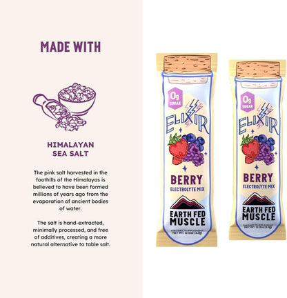 Earth Fed Muscle Elixir Electrolyte Powder Packets - Berry Flavor with Himalayan Sea Salt - Sugar Free, Stevia Sweetened - 3X Electrolytes - 30 Single Serve Hydration Drink Mix Sticks