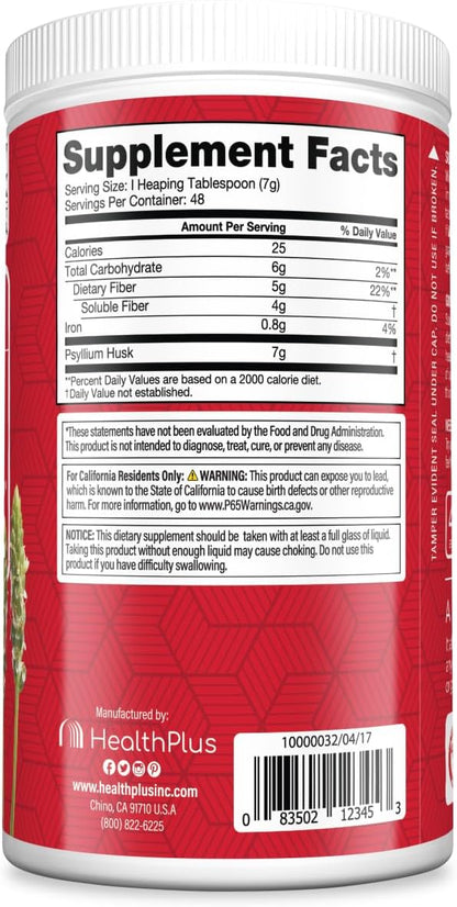 Health Plus Colon Cleanse Psyllium Husk Fiber Powder, 12 oz, 48 Servings | Gluten free daily fiber powder; supports the body's natural detoxification process, regularity, and digestive wellness