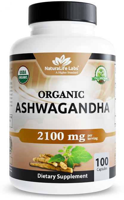 NaturaLife Labs Organic Ashwagandha 2100 mg per Serving – Herbal Supplement Root Powder & Extract – 100 Capsules – Vegan, Non-GMO, Gluten-Free