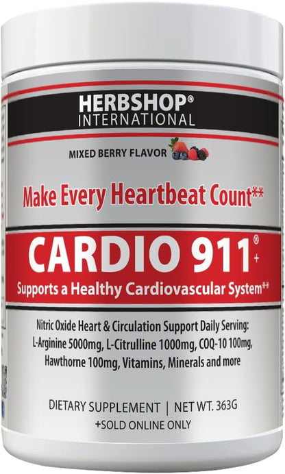 Cardio 911® Nitric Oxide Heart & Circulation Support - 5000mg L-Arginine & 1000mg L-Citrulline - Mixed Berry, 30 Servings Powder, 363 Grams - CoQ10 Beet Root - High Potency Cardiovascular Formula
