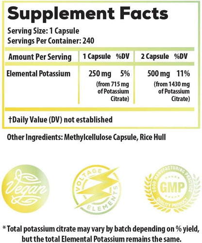 High Potency Potassium Citrate 1400mg – Potassium Supplement for Electrolyte Balance, Heart, Muscle & Nerve Function – Elemental Potassium 500mg – Vegan – 240 Capsules