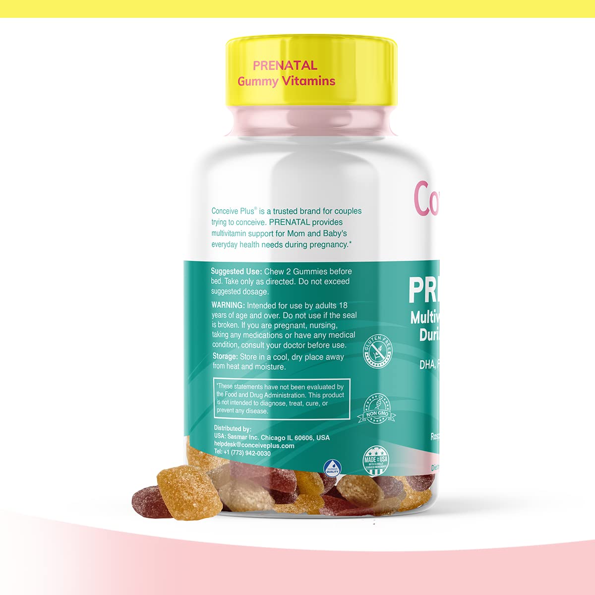 CONCEIVE PLUS Prenatal Gummies - DHA, Folic Acid, Vitamin D3, C, Zinc, and Omega 3, Natural Lemon
