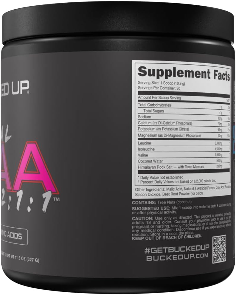 Bucked Up Original BCAA 2:1:1 Branched Chain Essential Amino Acids - Supplement Powder - | 100% Pure 2:1:1 Instantized Formula | Pre/Post Workout | 30 Servings | (Miami Flavor)