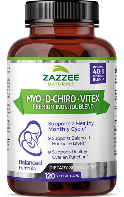 Zazzee Myo-Inositol + D-Chiro + Vitex, 120 Vegan Capsules, Optimal 40:1 Inositol Ratio, with 500 mg Vitex