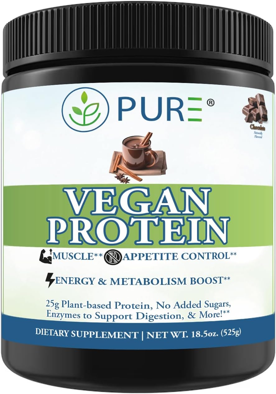 PURE® Vegan Protein Powder - 25g Plant Based Protein, 15 Servings - Pea & Mung Bean Blend with Digestive Enzymes - Dairy-Free - Muscle Recovery & Appetite Control - Chocolate 525 Grams