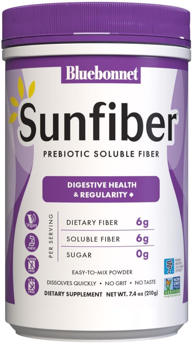 BlueBonnet Nutrition Sunfiber – 6 g of Plant Based Prebiotic Soluble Fiber – Supports Digestive Health* - Instant Dissolve – Non-GMO, Vegan, Kosher, Low-FODMAP – Unflavored, 7.4 OZ, 30 Servings