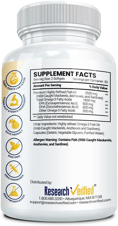Research Verified Omega 3-1800mg Omega 3 Fish Oil - High 900mg EPA + 600mg DHA - No Aftertaste - 60 Softgel Capsules - 3 Bottles