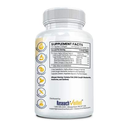 Research Verified Omega 3-1800mg Omega 3 Fish Oil - High 900mg EPA + 600mg DHA - No Aftertaste - 60 Softgel Capsules - 3 Bottles