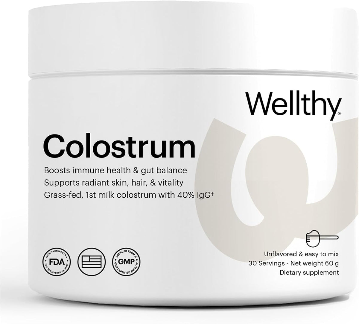 Wellthy Colostrum Powder – Grass-Fed, 40% IgG – Supports Immune System, Gut Health, and Radiant Skin – 30 Servings – Made in USA